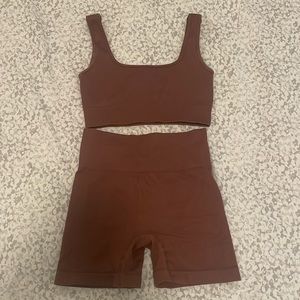 brown ribbed workout set